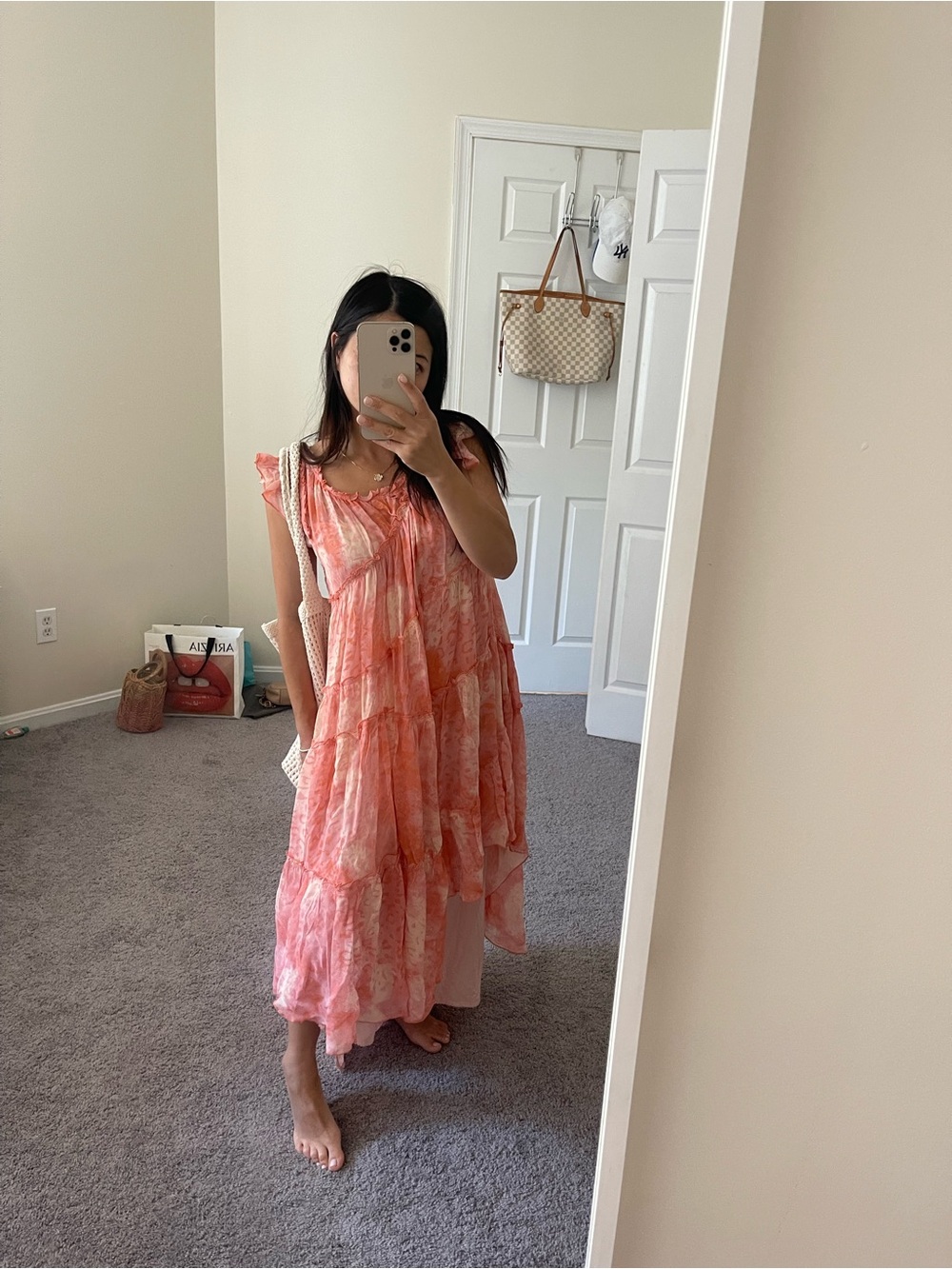 Anthropologie Pink-Orange Tie-Dye Tiered Midi Dress